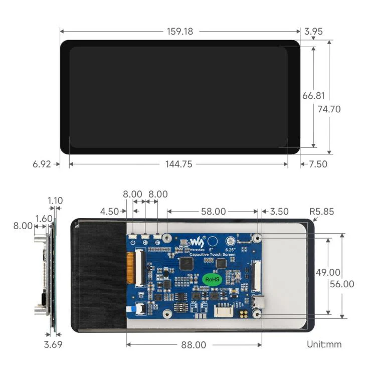 Waveshare 6.25inch DSI Capacitive Touch Display Type B 720 × 1560 Resolution IPS Panel - Image 8