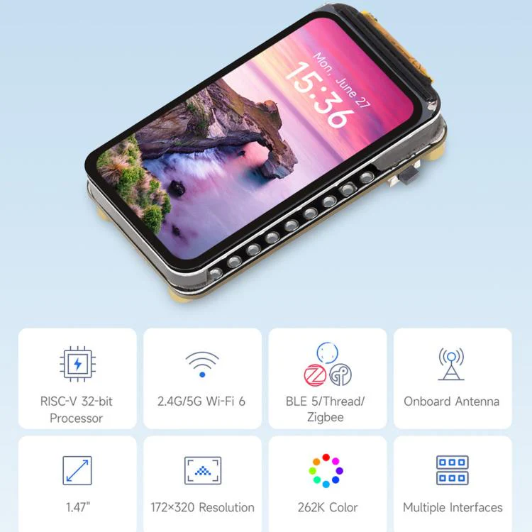 Waveshare ESP32-C5 1.47inch 262K Color LCD Display Development Board Supports Wi-Fi 6 And Bluetooth 5 With Pre-soldered Headers - Image 2