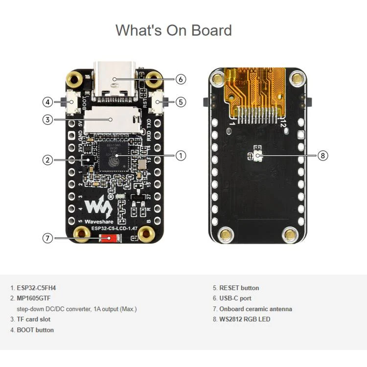 Waveshare ESP32-C5 1.47inch 262K Color LCD Display Development Board Supports Wi-Fi 6 And Bluetooth 5 With Pre-soldered Headers - Image 7