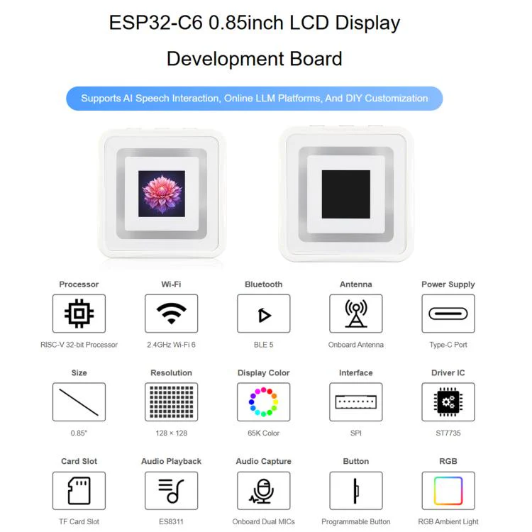 Waveshare ESP32-C6 0.85inch LCD Display Development Board, RISC-V Single-Core Processor, 128 × 128 Resolution, Supports AI Speech Interaction No Battery - Image 2