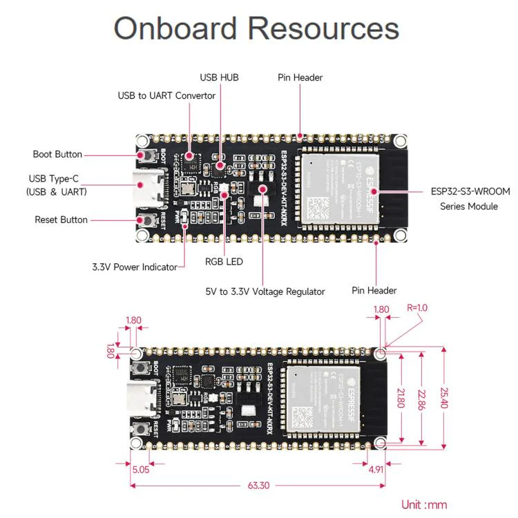 Waveshare ESP32-S3 1U-N16R8 Microcontroller 2.4GHz Wi-Fi Development Board 240MHz Dual Core Processor With Pre-soldered Headers - Image 9