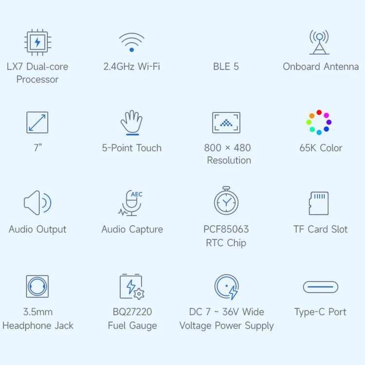 WAVESHARE ESP32-S3 7 Inch AI Voice Touch Display Development Board, 800 × 480 Resolution, 5-Point Touch, IPS Display Panel, Supports 2.4GHz Wi-Fi & BLE 5, Spec: No Battery - Image 3