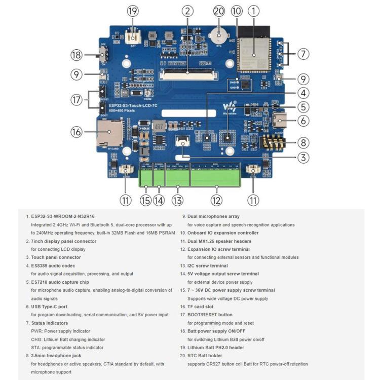 WAVESHARE ESP32-S3 7 Inch AI Voice Touch Display Development Board, 800 × 480 Resolution, 5-Point Touch, IPS Display Panel, Supports 2.4GHz Wi-Fi & BLE 5, Spec: No Battery - Image 7