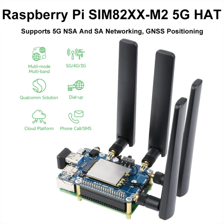 Waveshare SIM8262E-M2 5G HAT For Raspberry Pi, Quad Antennas 5G NSA, 5G/4G/3G Compatible(23254) - Image 2