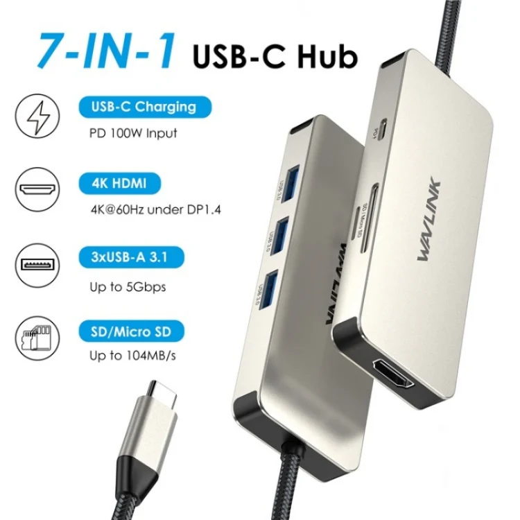 WAVLINK UHP3416 7-in-1 PD100W Charging SD / TF Card Reader 4K HD Type-C Docking Station(Blackish Green) - Image 2