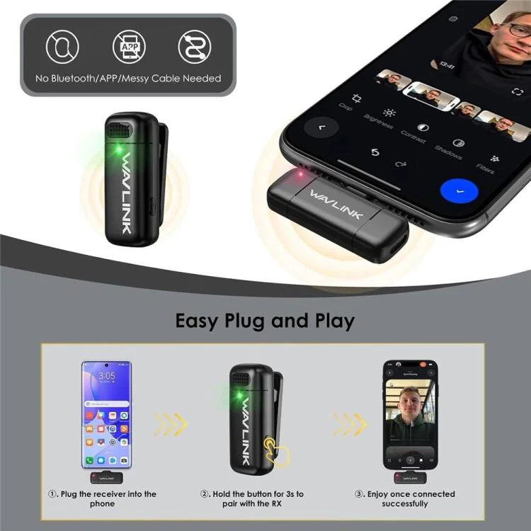 WAVLINK WS-WAJ606C1 Lavalier Noise Reduction Wireless Microphone with 8 Pin RX Receiver - Image 6