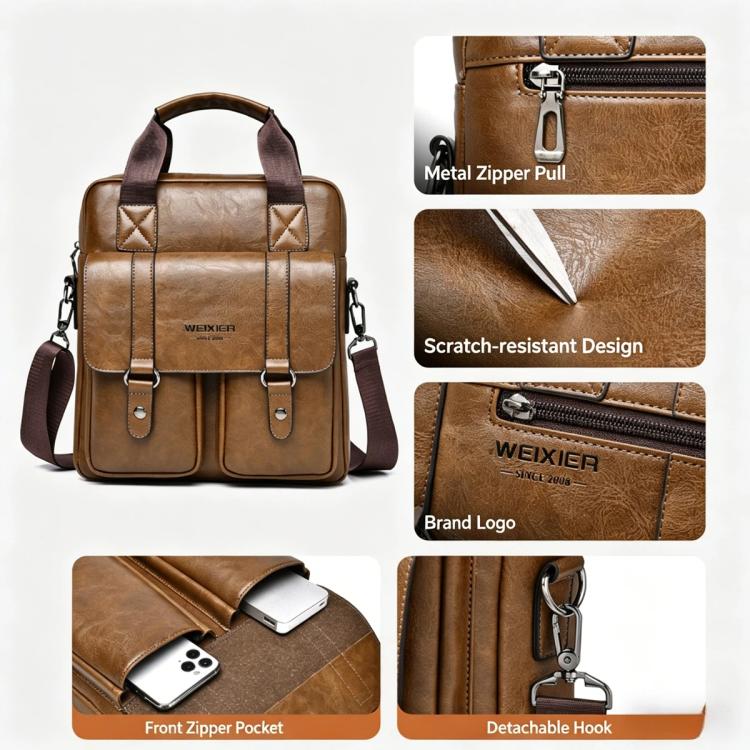 WEIXIER Mens Messenger Bag Vintage PU Leather Briefcase for Business & Travel Crossbody Handbag with Multi-Pockets(Light Brown) - Image 4