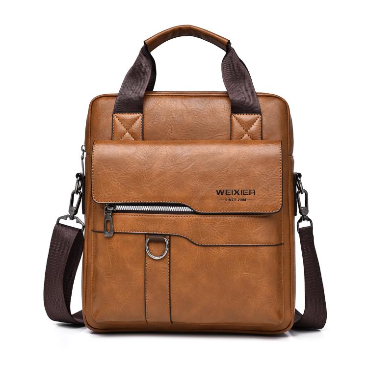WEIXIER T666 Mens Vertical Messenger Bag PU Leather Crossbody Shoulder Bag Business Briefcase for Work Travel(Light Brown)