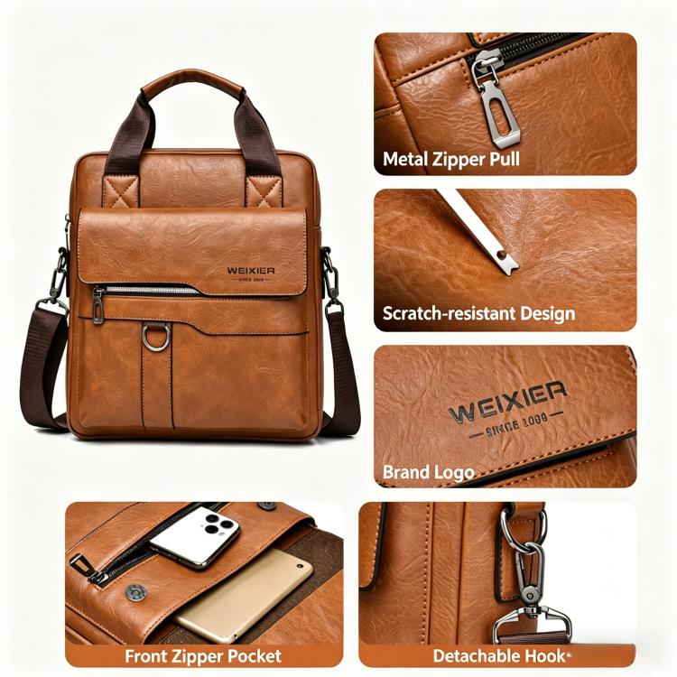 WEIXIER T666 Mens Vertical Messenger Bag PU Leather Crossbody Shoulder Bag Business Briefcase for Work Travel(Light Brown) - Image 6