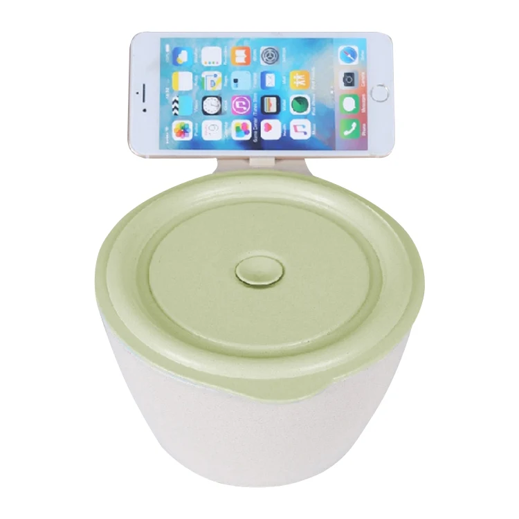 Wheat Fiber Instant Noodle Bowl Creative and Convenient Sealed Lunch Box with Mobile Phone Holder(Green)