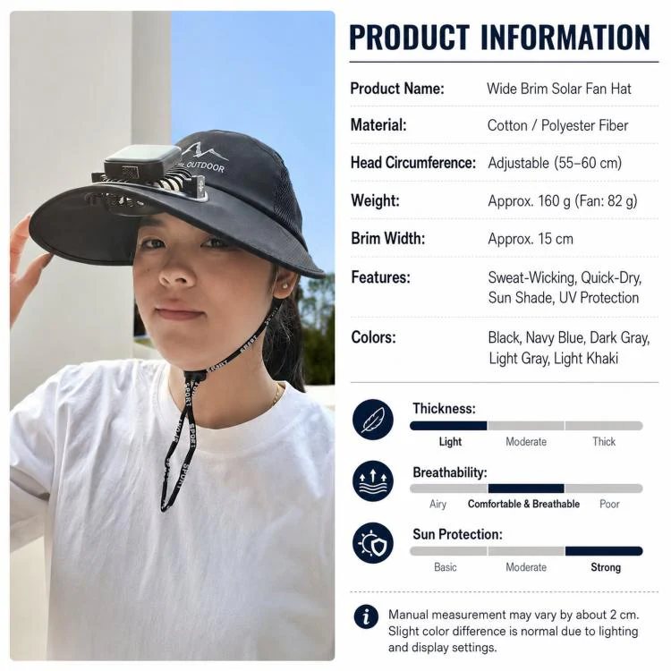 Wide Brim Solar Fan Hat with Smart LED Power Display Type-C Rechargeable UV Sun Cap 600mAh(Round Deep Grey) - Image 8