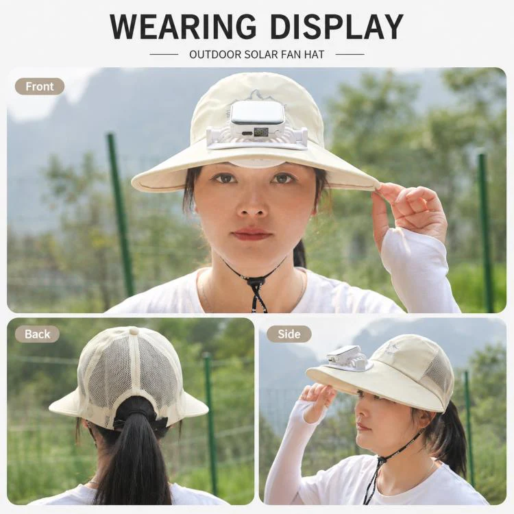 Wide Brim Solar Fan Hat with Smart LED Power Display Type-C Rechargeable UV Sun Cap 600mAh(Square Deep Grey) - Image 3