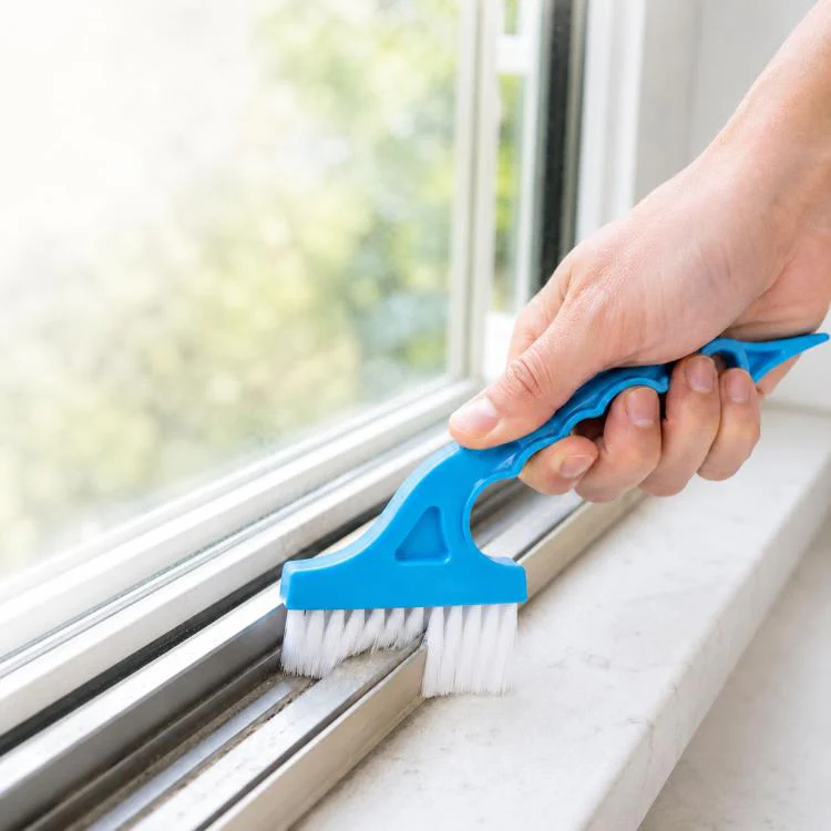 Window Track Cleaning Brush Swan-Neck Crevice Brush with Built-in Scraper, Hand-Held Groove Gap Cleaning Tools(Blue)