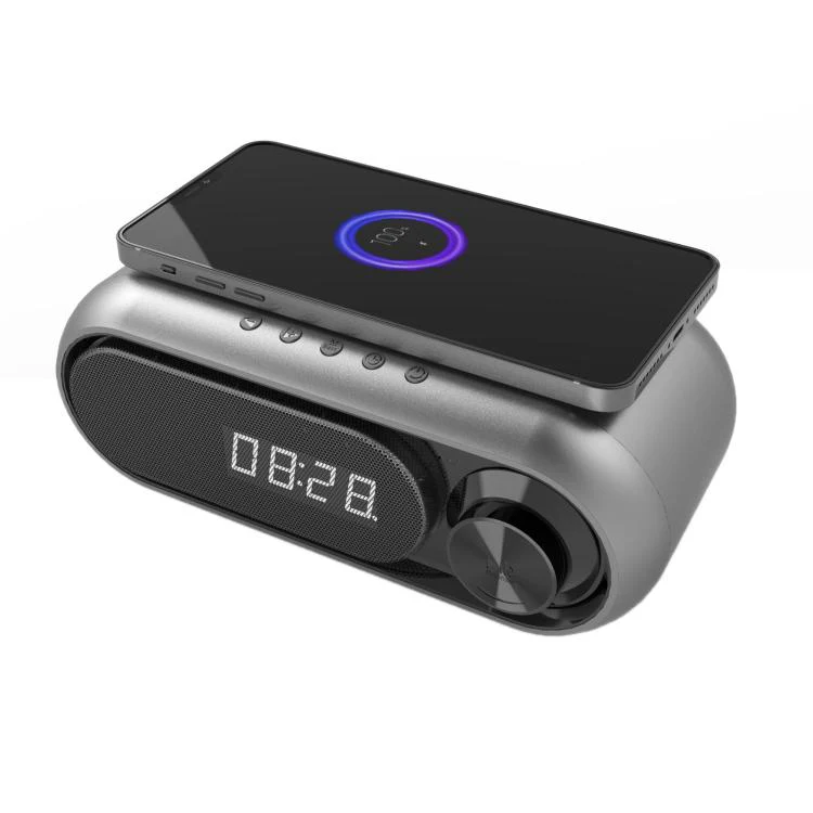 Wireless Charging Bluetooth Speaker Desktop LED Clock(Metallic Gray 5W)