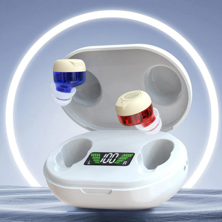 Wireless Invisible Hearing Aid With Digital Display Charging Case & Touch Control Red Blue+Black Case - Image 2