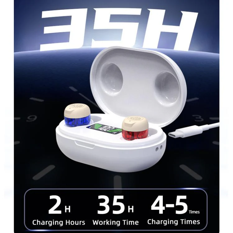 Wireless Invisible Hearing Aid With Digital Display Charging Case & Touch Control Red Blue+White Case - Image 4