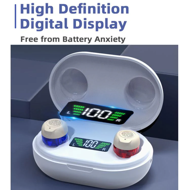 Wireless Invisible Hearing Aid With Digital Display Charging Case & Touch Control Red Blue+White Case - Image 5
