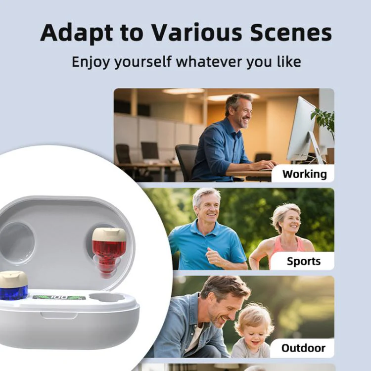 Wireless Invisible Hearing Aid With Digital Display Charging Case & Touch Control Red Blue+White Case - Image 8