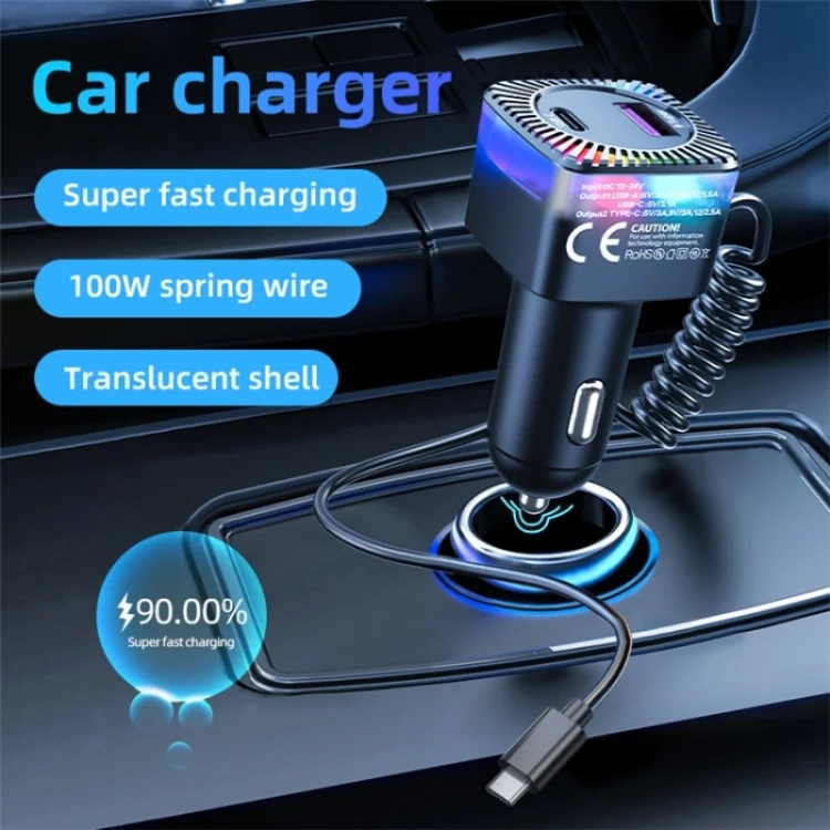 With Spring Type-C Cable USB + Type-C PD 30W Phone Fast Charging Adapter Car Charger - Image 2