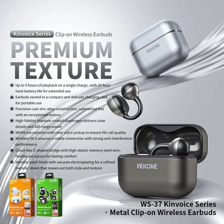 WK WS-37 Kinvoice Series Clip-on Metal Wireless Bluetooth Earphone(Silver) - Image 6