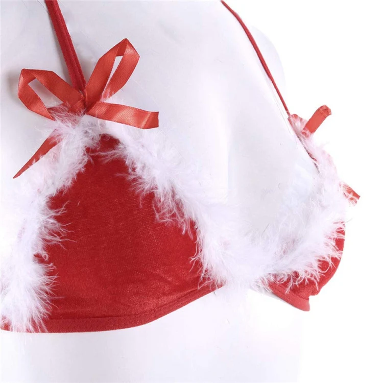 Women Christmas Hollow Sexy Lingerie Bras Panty Thong with Santa Hat Set, Size: M(Red) - Image 4