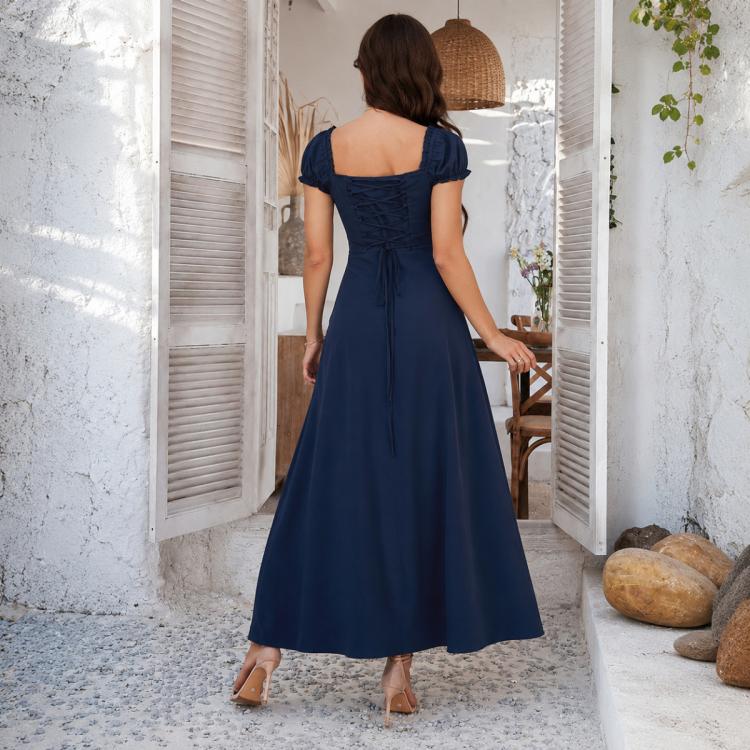 Women Elegant Pure Color Bubble Sleeve French Dress, Size:XXL(Navy Blue) - Image 3