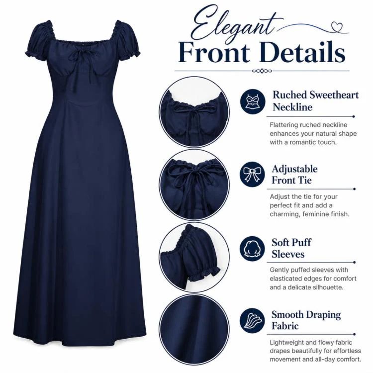 Women Elegant Pure Color Bubble Sleeve French Dress, Size:XXL(Navy Blue) - Image 4