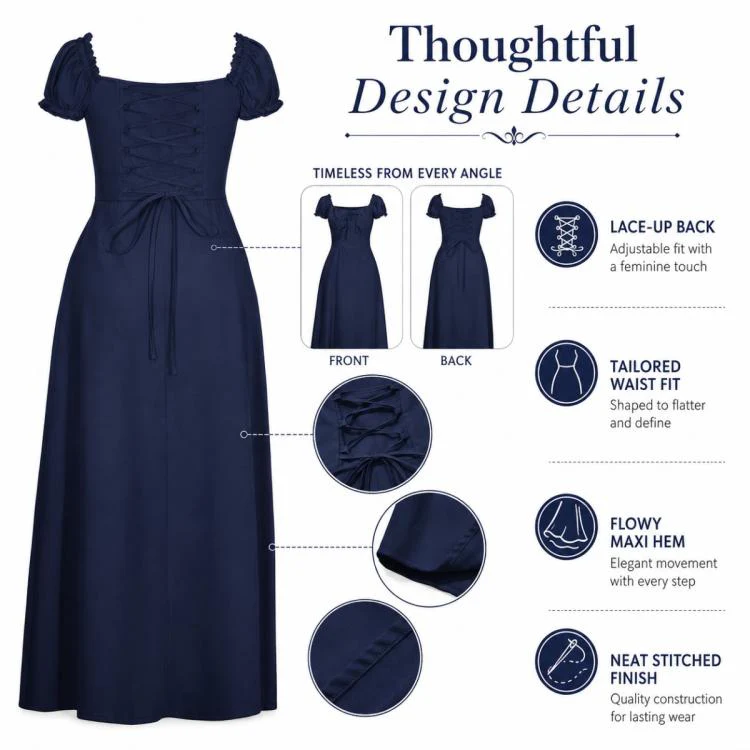 Women Elegant Pure Color Bubble Sleeve French Dress, Size:XXL(Navy Blue) - Image 5