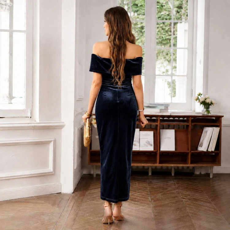 Women Elegant Slim-Fit One Shoulder Velvet Dress, Size:S(Navy Blue) - Image 3