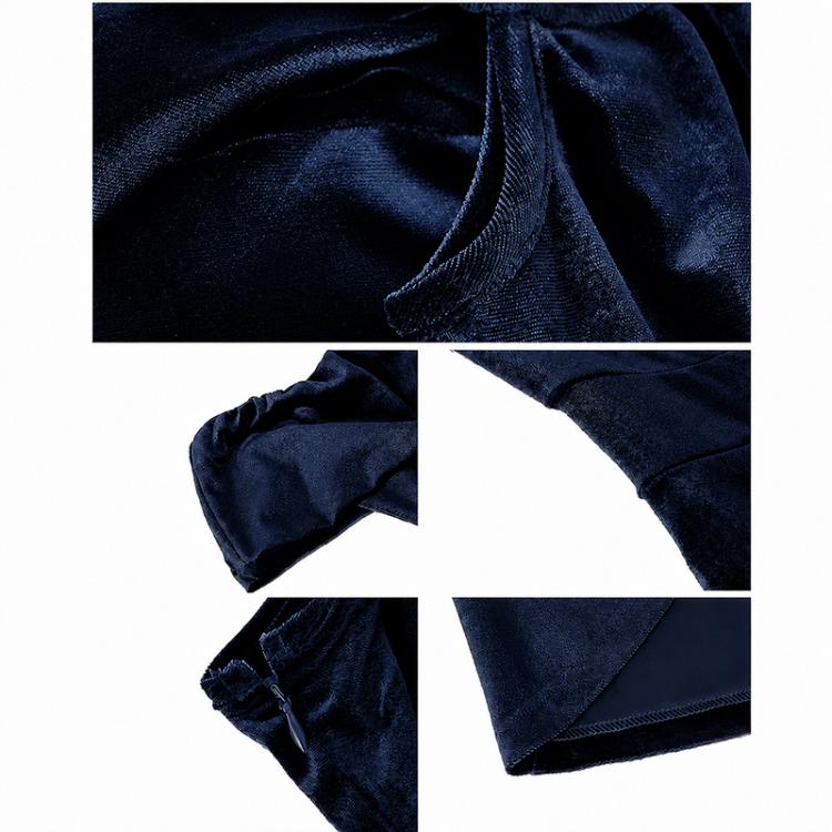 Women Elegant Slim-Fit One Shoulder Velvet Dress, Size:S(Navy Blue) - Image 4
