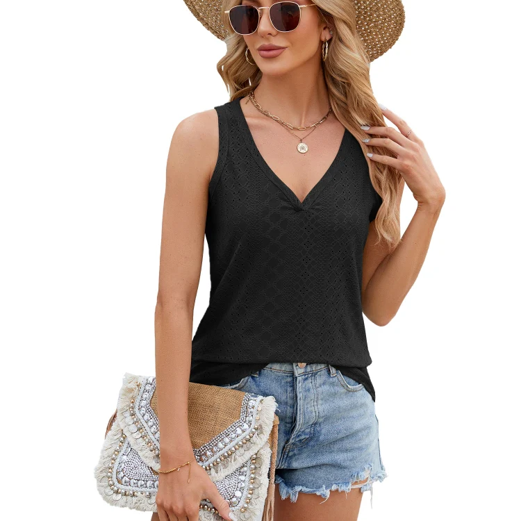 Women Eyelet Tank Tops Solid Color V-Neck Loose Fit Bottoming Vest T-Shirt, Size: XXL(Black)