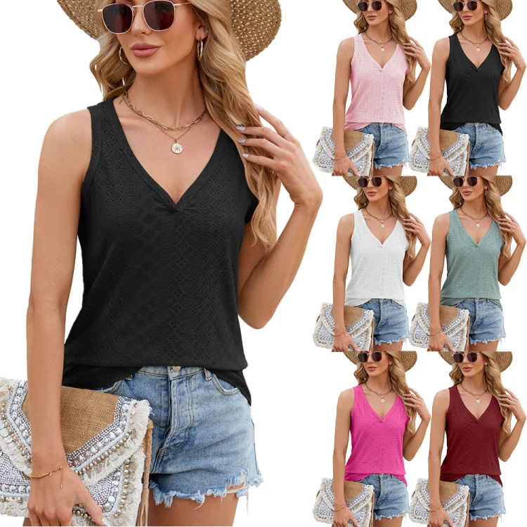 Women Eyelet Tank Tops Solid Color V-Neck Loose Fit Bottoming Vest T-Shirt, Size: XXL(Black) - Image 6