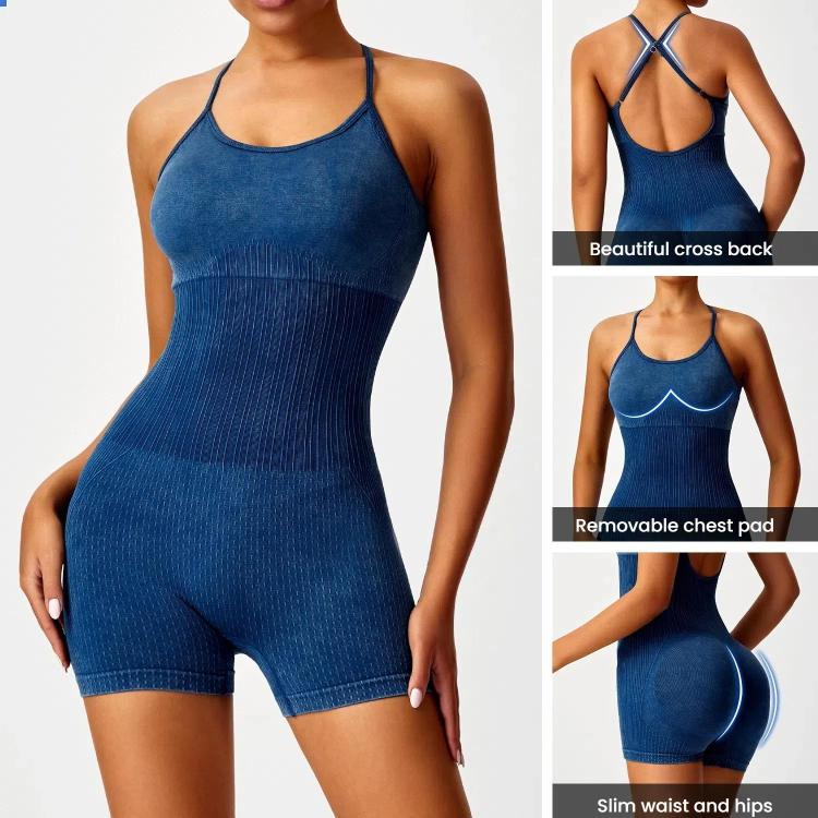 Women Matte Washed High-Intensity Workout Yoga Bodysuit Open Back Strappy Sports Jumpsuit, Size: L(Black) - Image 3