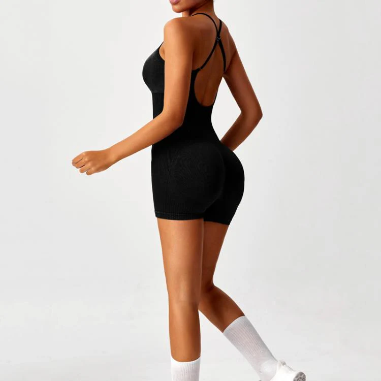 Women Matte Washed High-Intensity Workout Yoga Bodysuit Open Back Strappy Sports Jumpsuit, Size: L(Black) - Image 4