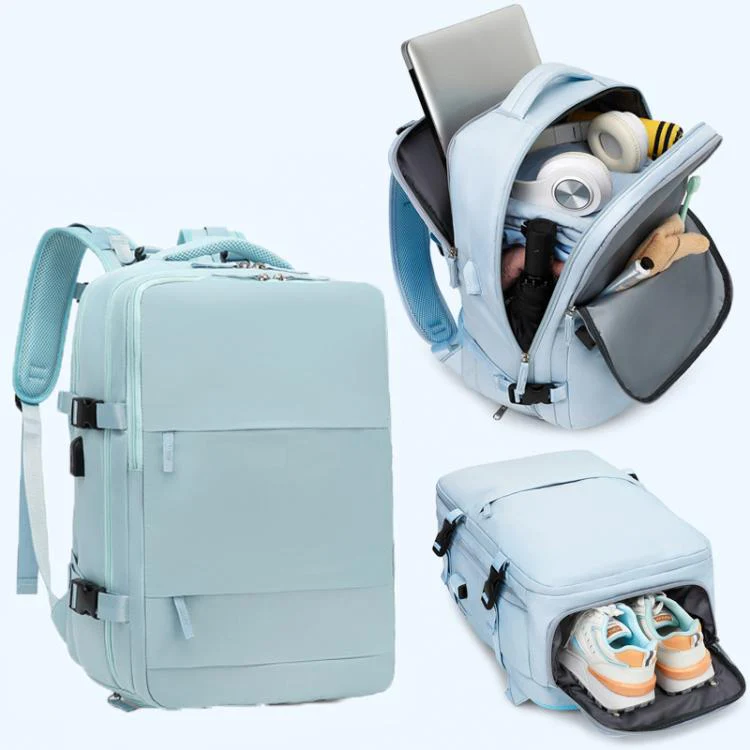 Women Men Travel Backpack Carry-On with Laptop Compartment & USB Port, Shoe Storage, Wet/Dry Separation, Waterproof Large Capacity Daypack(2210 Light Blue)