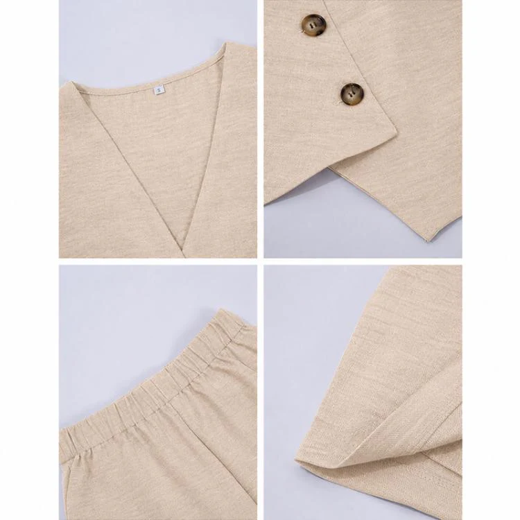 Women Pure Color Casual Vacation Style Button Vest Shorts Set, Size:XL(Khaki) - Image 4