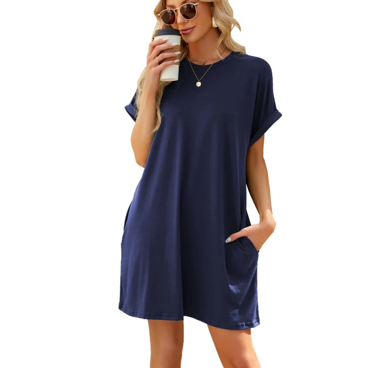 Women Spring Summer Round Neck Pocket Loose Short Sleeve Dress, Size: M(Navy)