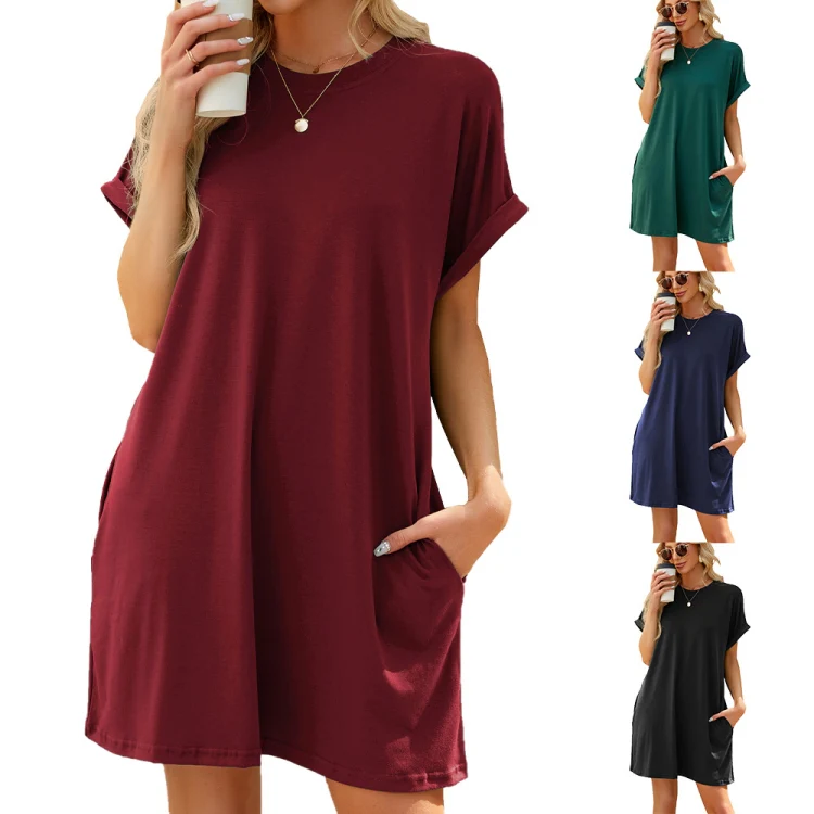 Women Spring Summer Round Neck Pocket Loose Short Sleeve Dress, Size: M(Navy) - Image 6