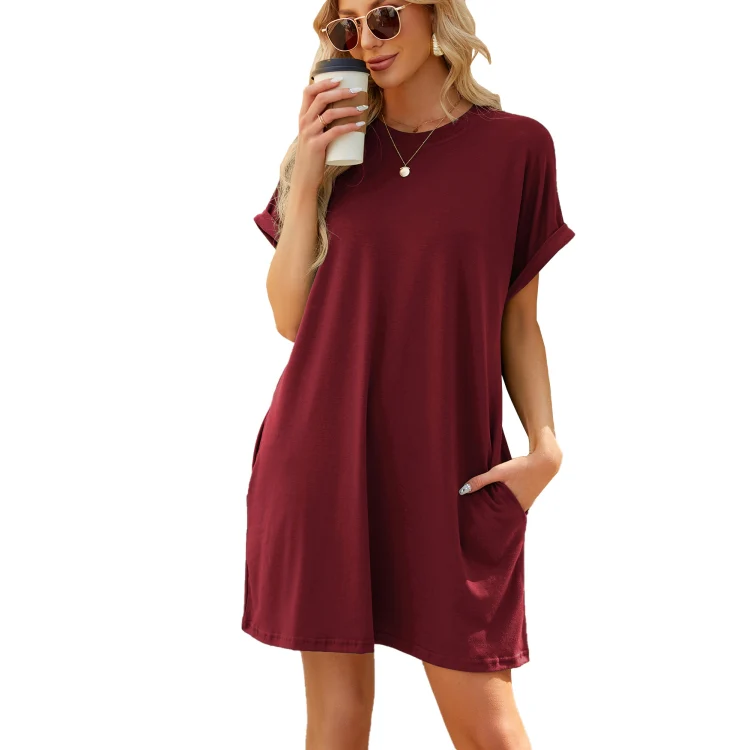 Women Spring Summer Round Neck Pocket Loose Short Sleeve Dress, Size: XL(Wine Red)