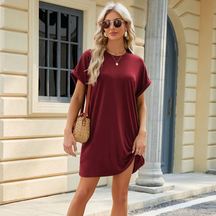 Women Spring Summer Round Neck Pocket Loose Short Sleeve Dress, Size: XL(Wine Red) - Image 2