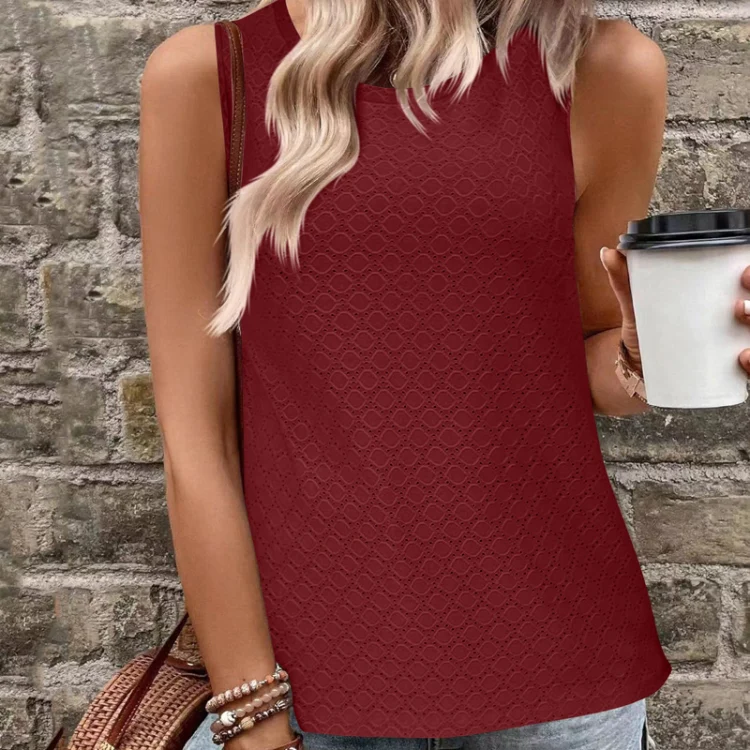 Women Spring Summer Round Neck Printed Vest T-Shirt Top, Size: M(Wine Red) - Image 2