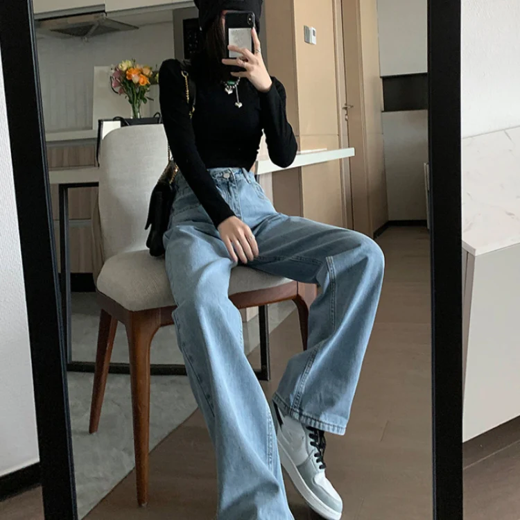 Women Straight Loose Crossover High Waist Wide Leg Jeans, Size: L(Light Blue Cropped Pants) - Image 5