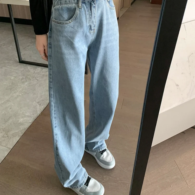 Women Straight Loose Crossover High Waist Wide Leg Jeans, Size: S(Light Blue Cropped Pants) - Image 4