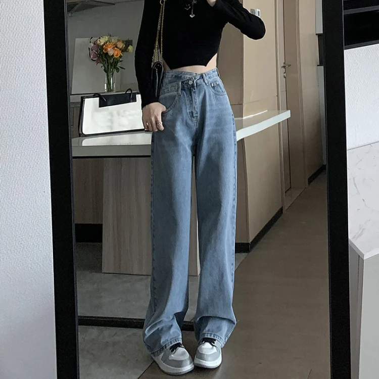 Women Straight Loose Crossover High Waist Wide Leg Jeans, Size: XL(Light Blue Cropped Pants)