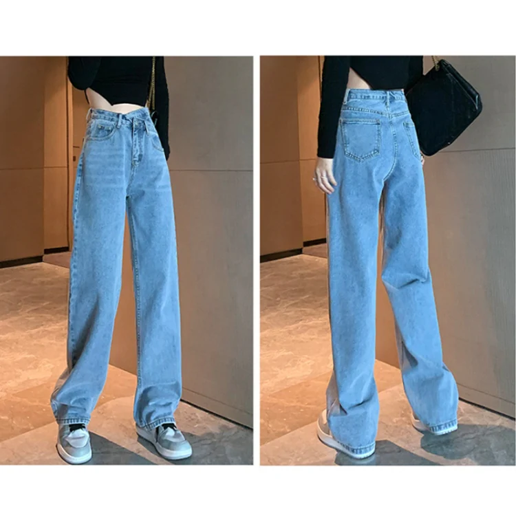 Women Straight Loose Crossover High Waist Wide Leg Jeans, Size: XXL(Light Blue Cropped Pants) - Image 2