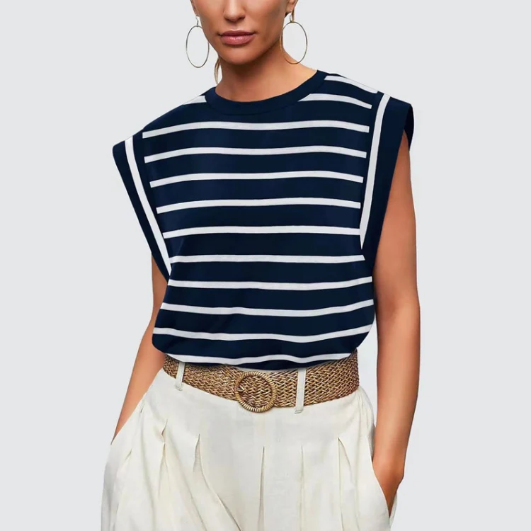Women Stripe Style Summer Loose Top Basic T-Shirt Round Neck Casual Tank, Size: XL(Tibetan) - Image 2