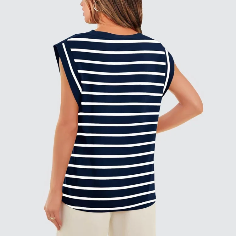 Women Stripe Style Summer Loose Top Basic T-Shirt Round Neck Casual Tank, Size: XL(Tibetan) - Image 3