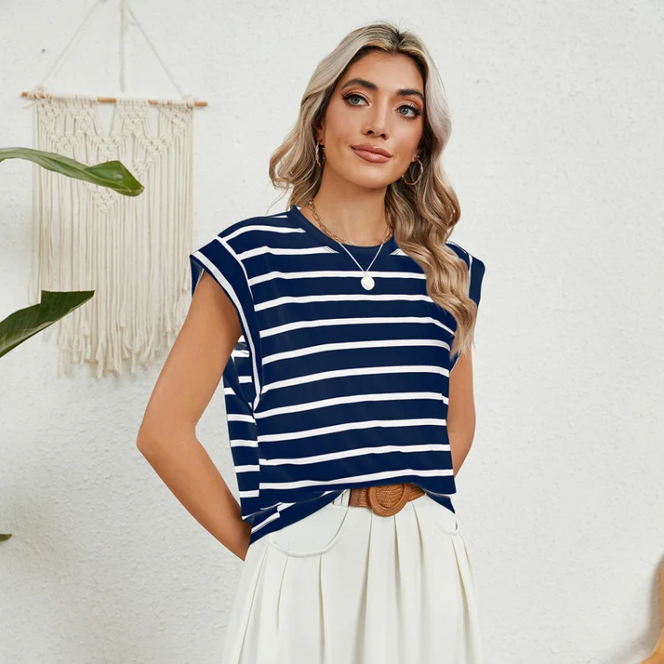 Women Stripe Style Summer Loose Top Basic T-Shirt Round Neck Casual Tank, Size: XL(Tibetan) - Image 4
