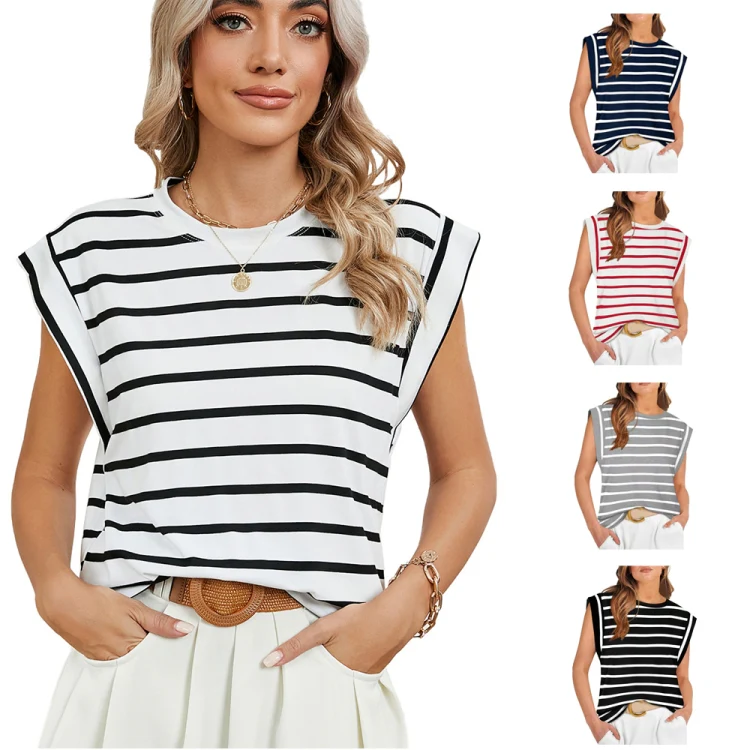 Women Stripe Style Summer Loose Top Basic T-Shirt Round Neck Casual Tank, Size: XXL(White) - Image 5