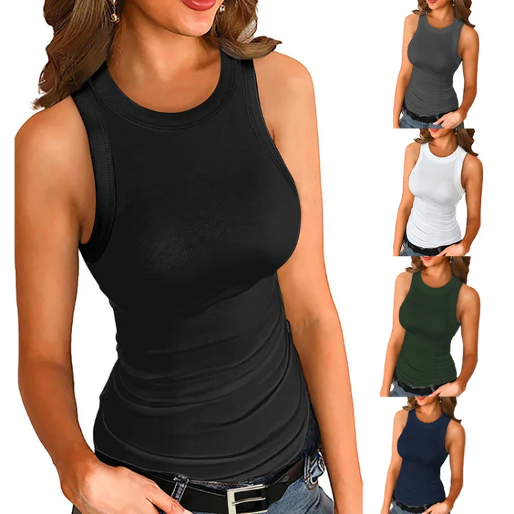 Women Summer Knitted Vest Outer Wear Solid Color Round Neck Slim Undershirt, Size: XL(Black) - Image 2